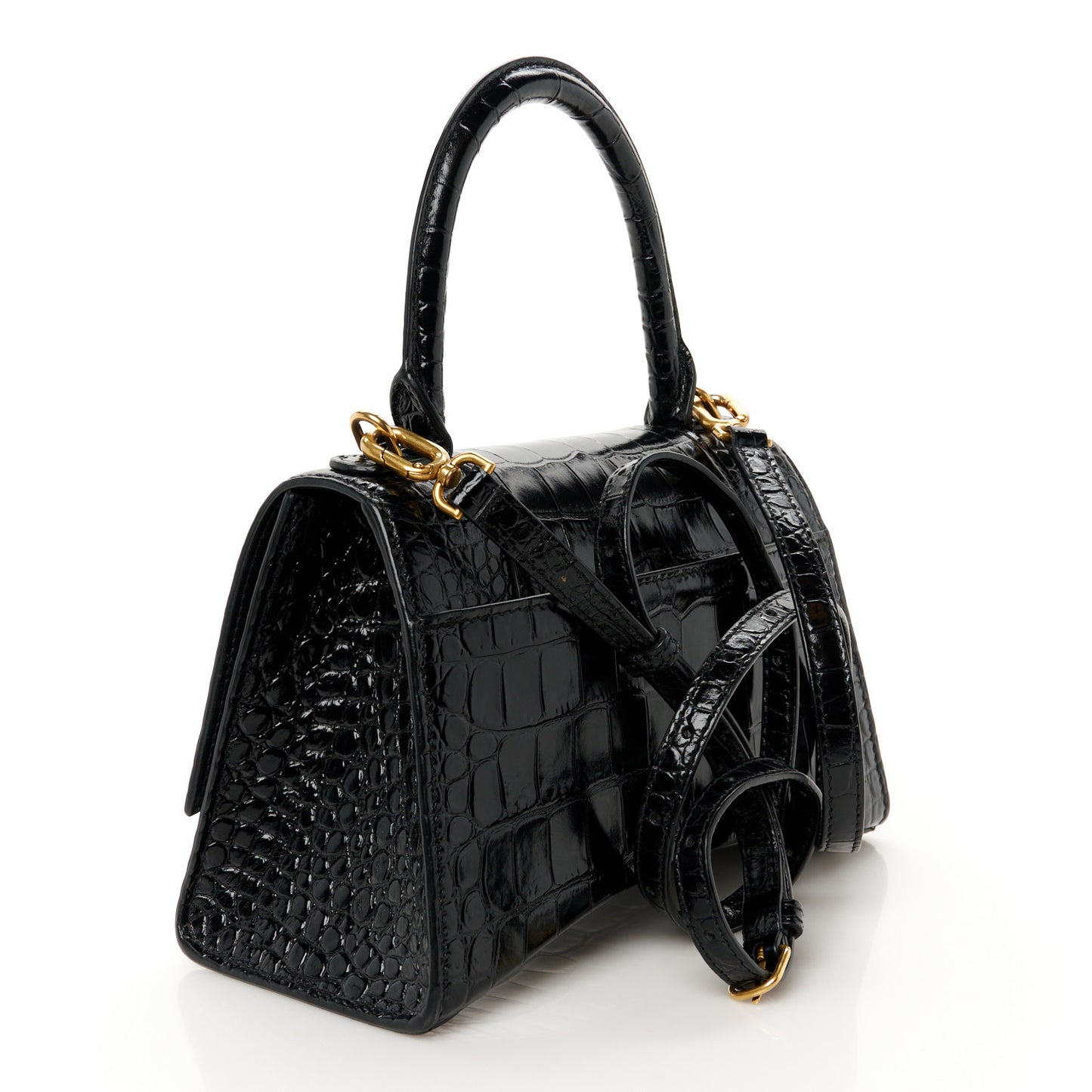 Shiny Calfskin Crocodile Embossed Small Hourglass Top Handle Bag Black