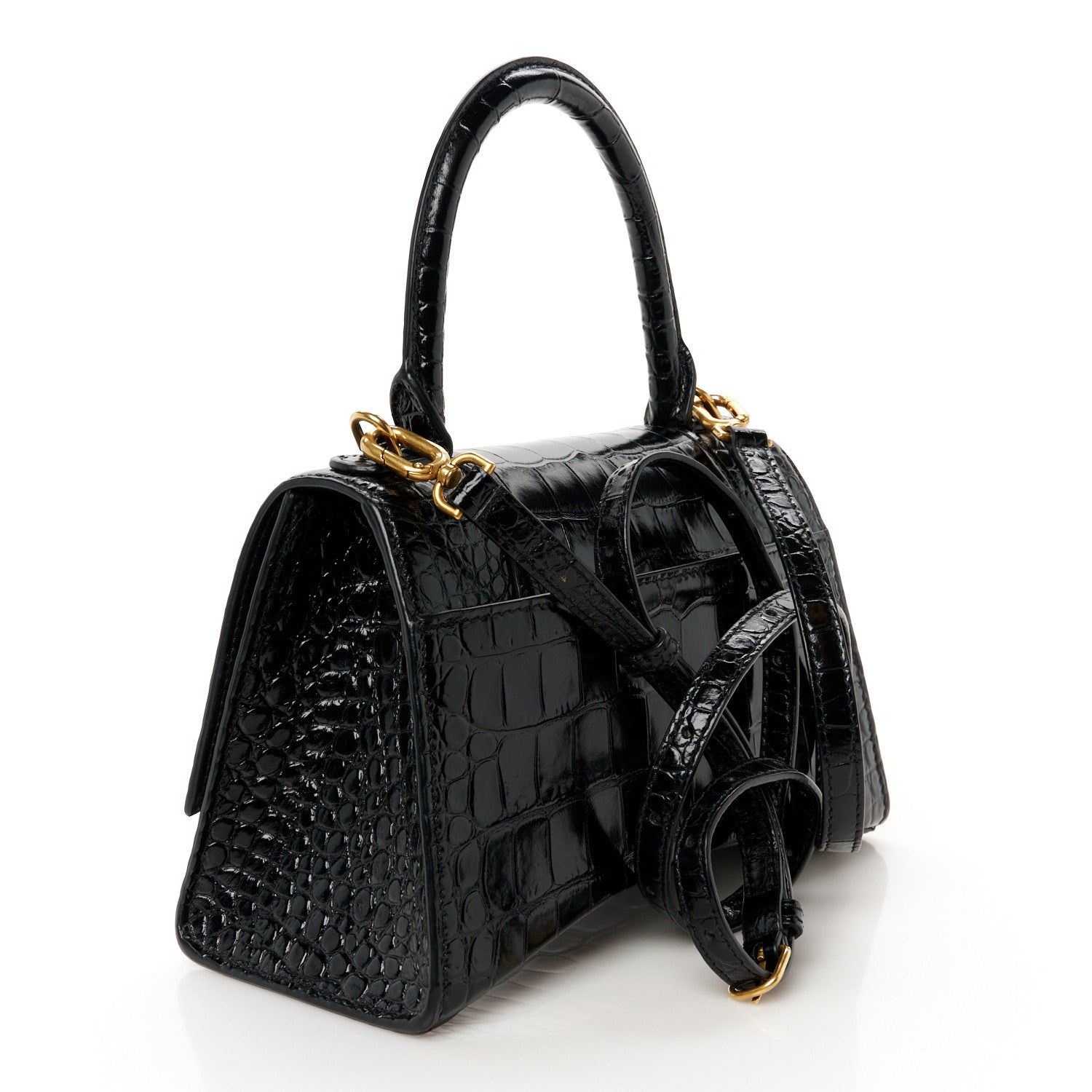 Balenciaga Shiny Calfskin Crocodile Embossed Small Hourglass Top Handle Bag Black 3 of 10
