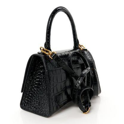 Balenciaga Shiny Calfskin Crocodile Embossed Small Hourglass Top Handle Bag Black 3 of 10