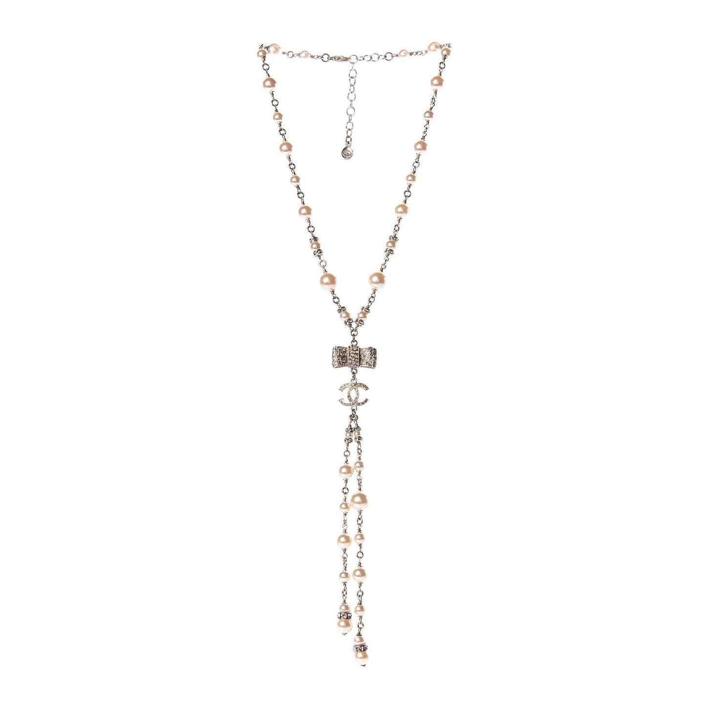 Crystal Pearl CC Bow Necklace Gold