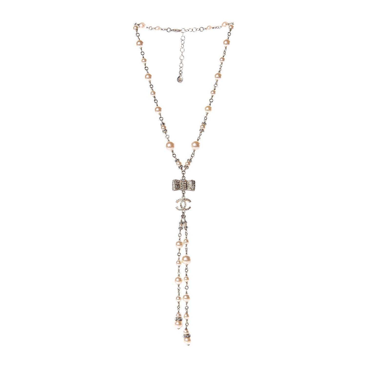 Chanel Crystal Pearl CC Bow Necklace Gold 3 of 7