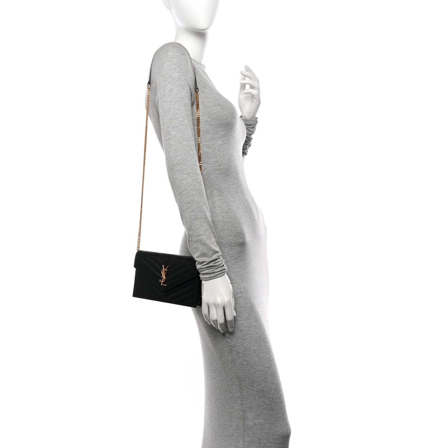 Saint Laurent Grain De Poudre Matelasse Chevron Monogram Envelope Chain Wallet Black 2 of 12