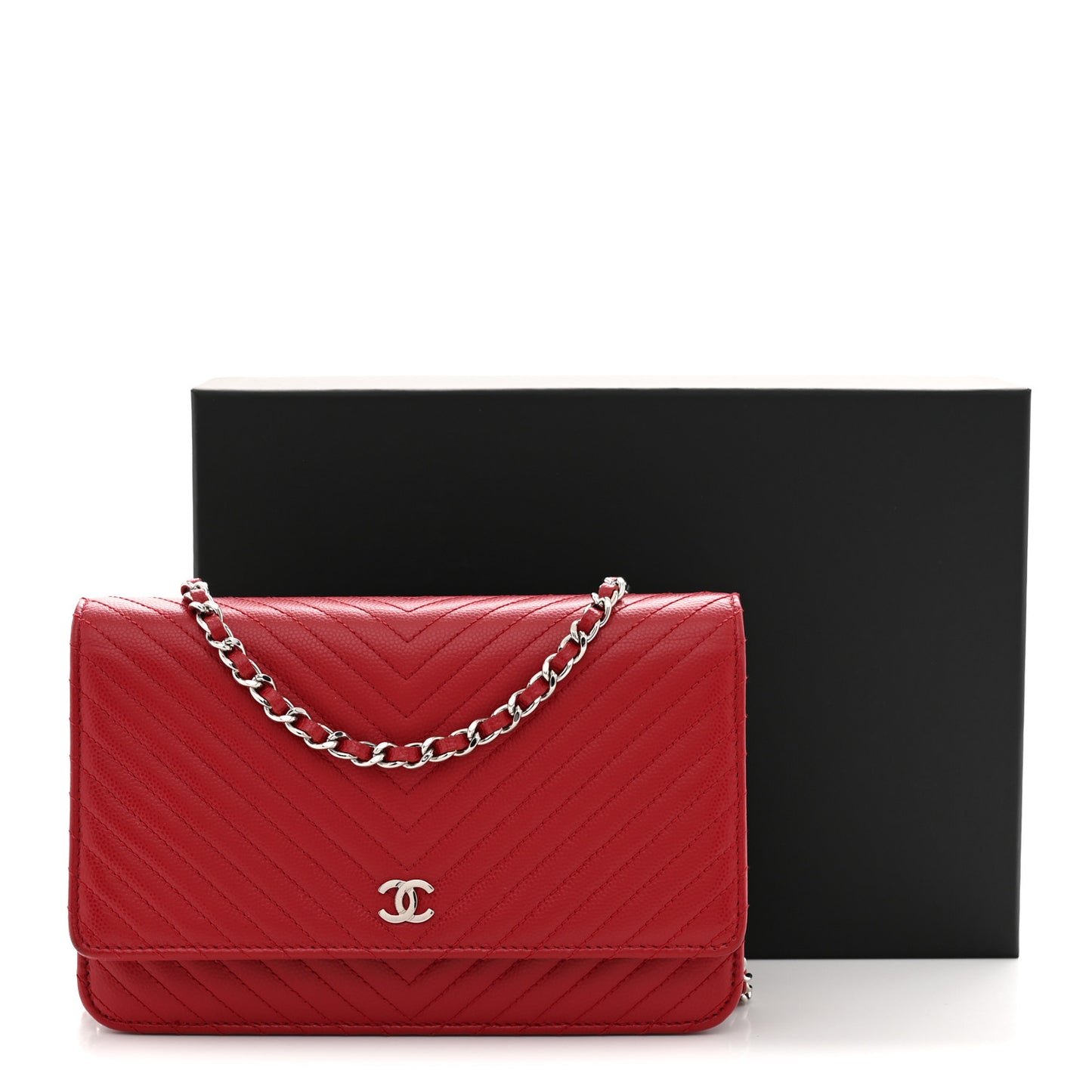 Caviar Chevron Quilted Wallet On Chain WOC Dark Red