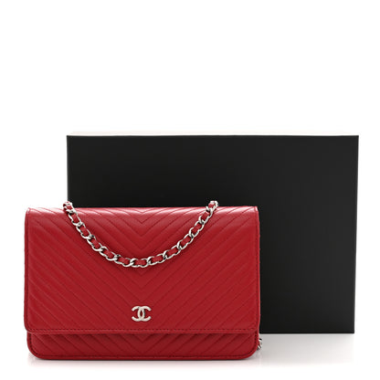 Chanel Caviar Chevron Quilted Wallet On Chain WOC Dark Red 11 of 11