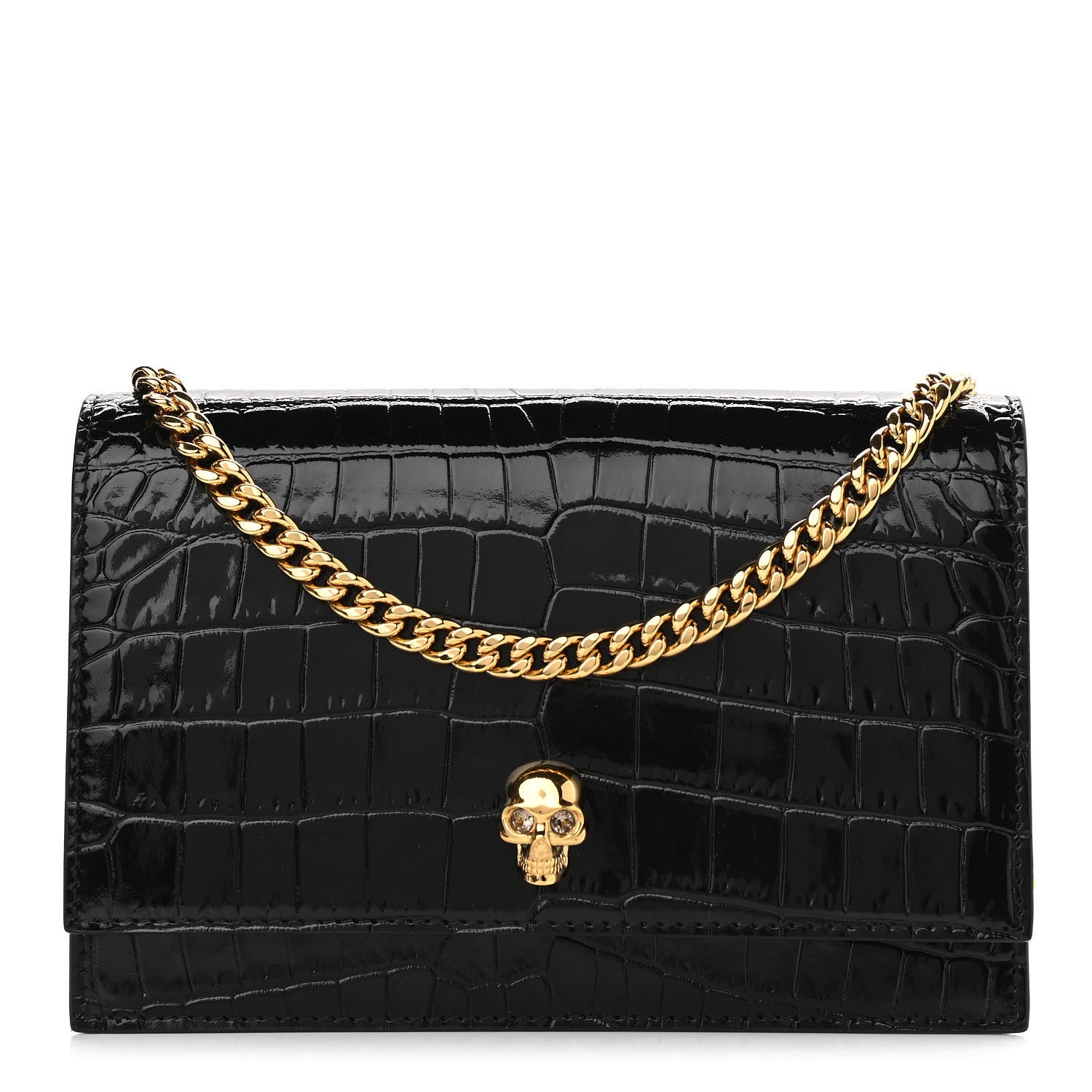 Alexander McQueen Calfskin Crocodile Embossed Skull Mini Shoulder Bag Black 1 of 10