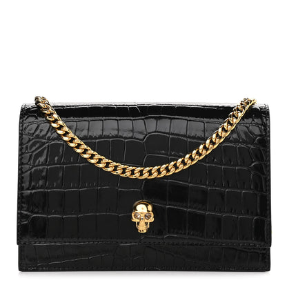 Alexander McQueen Calfskin Crocodile Embossed Skull Mini Shoulder Bag Black 1 of 10