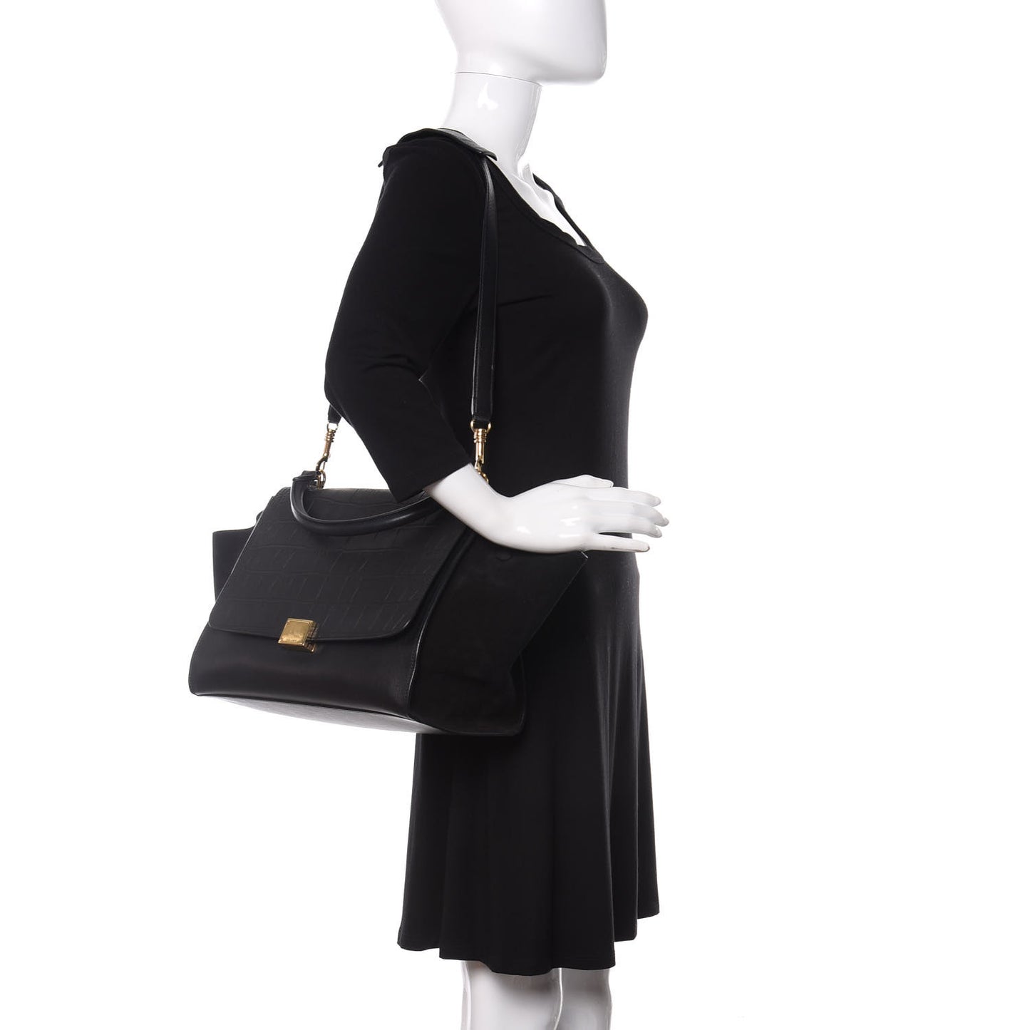 Crocodile Embossed Calfskin Suede Medium Trapeze Black