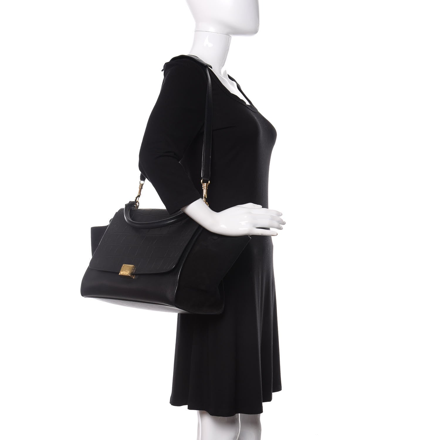 Celine Crocodile Embossed Calfskin Suede Medium Trapeze Black 2 of 15