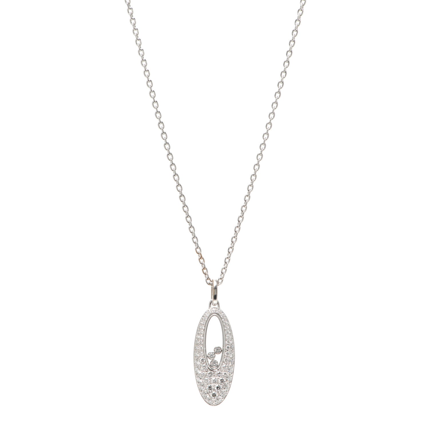 Chopard 18K White Gold Happy Diamonds 3 Floating Diamonds Oval Pendant Necklace 1 of 7