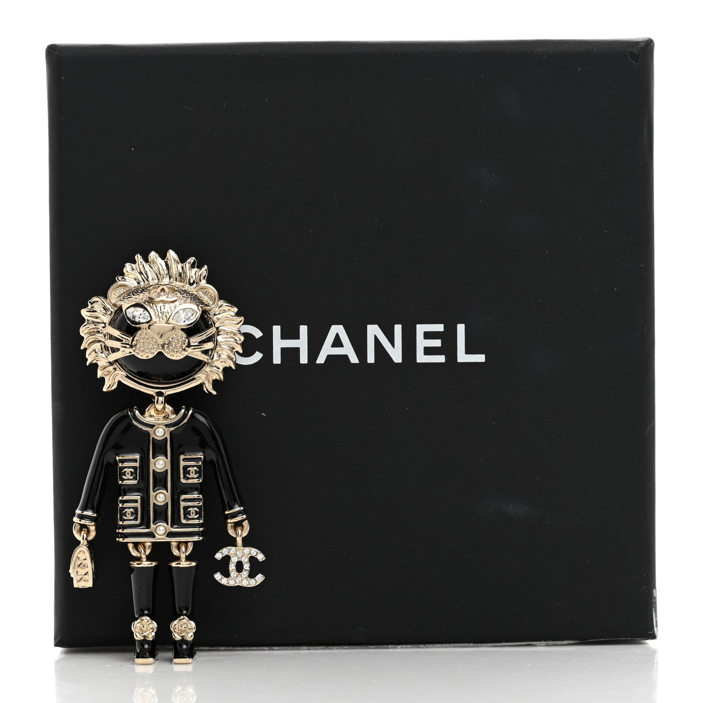 Enamel Crystal Pearl CC Lion Brooch Black White