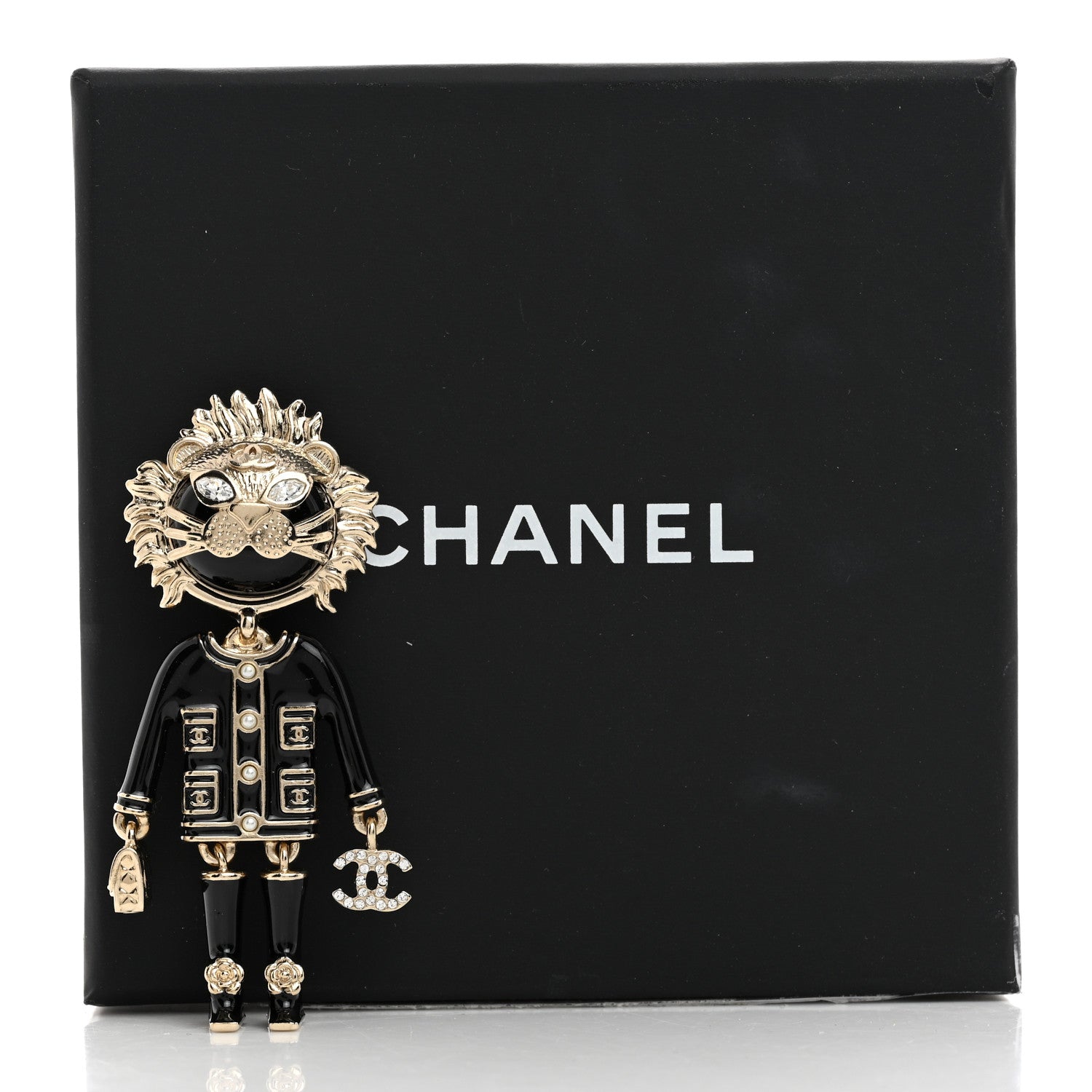 Chanel Enamel Crystal Pearl CC Lion Brooch Black White 4 of 4
