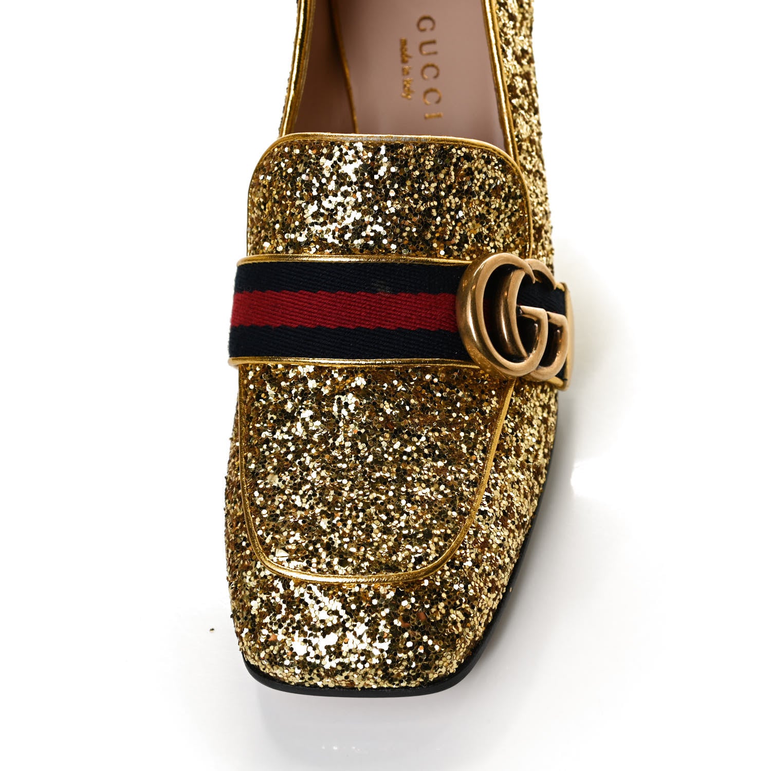 Gucci Glitter Nappa Web Peyton 75mm Loafer Pumps 36.5 Oro Vecchio 11 of 13