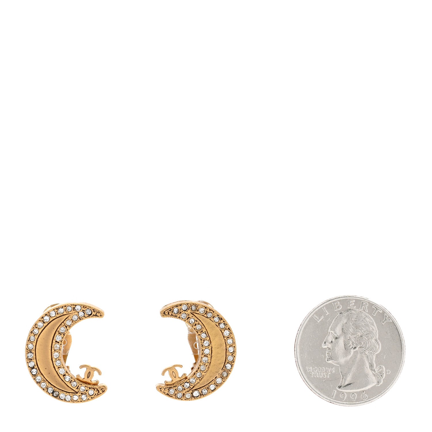 Chanel Crystal CC Crescent Moon Clip On Earrings Gold 2 of 5