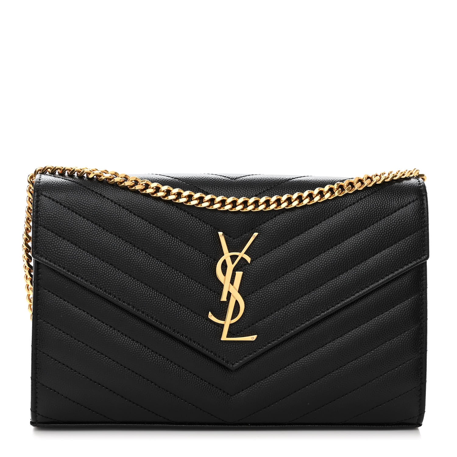 Saint Laurent Grain De Poudre Matelasse Chevron Monogram Chain Wallet Black 1 of 9