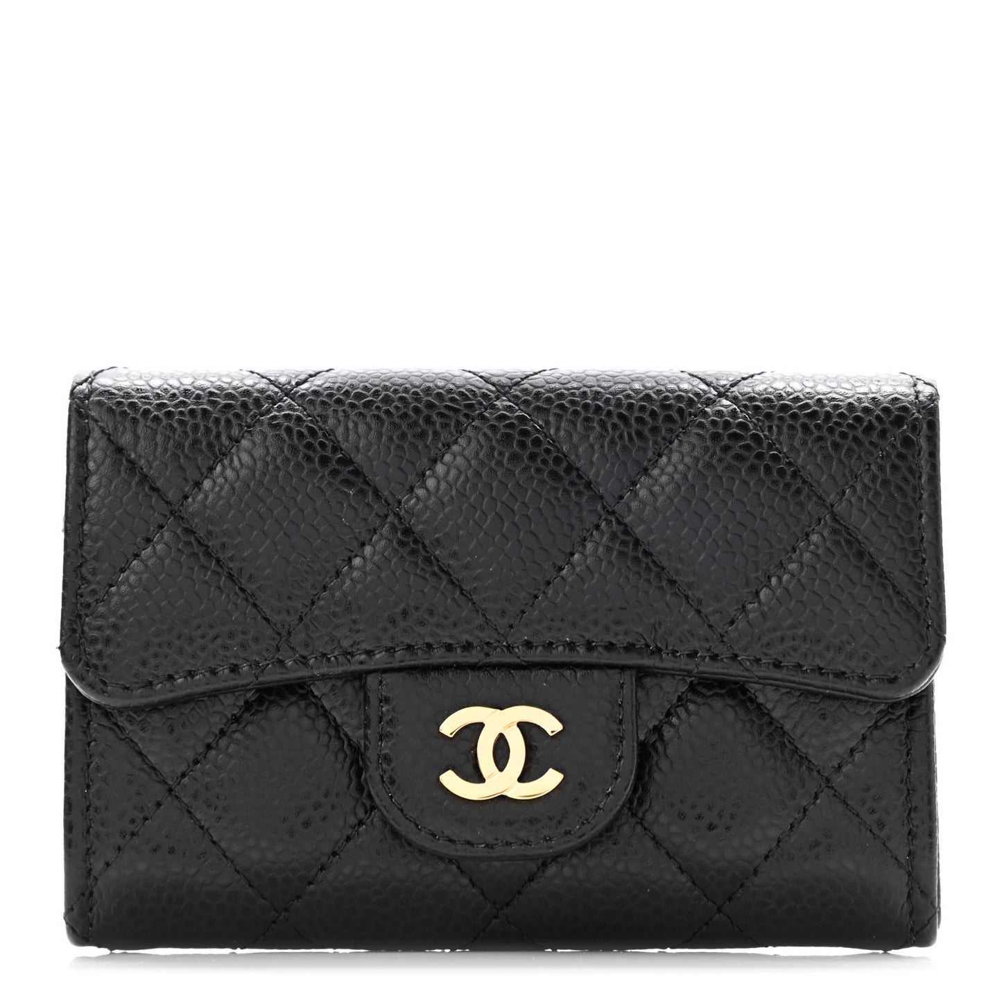 Caviar Quilted Flap Card Holder Wallet Black