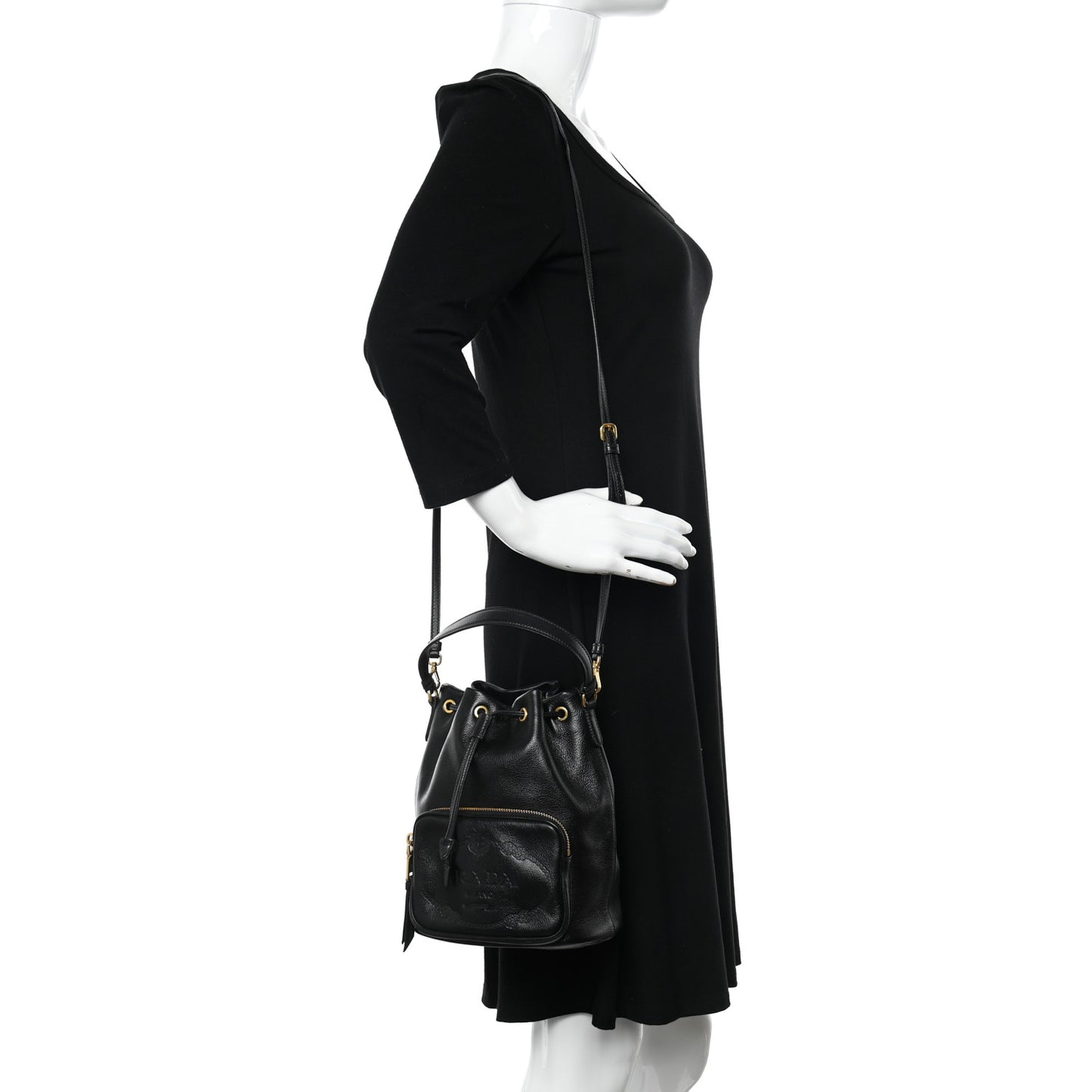 Glace Calfskin Embossed Secchiello Bucket Bag Black