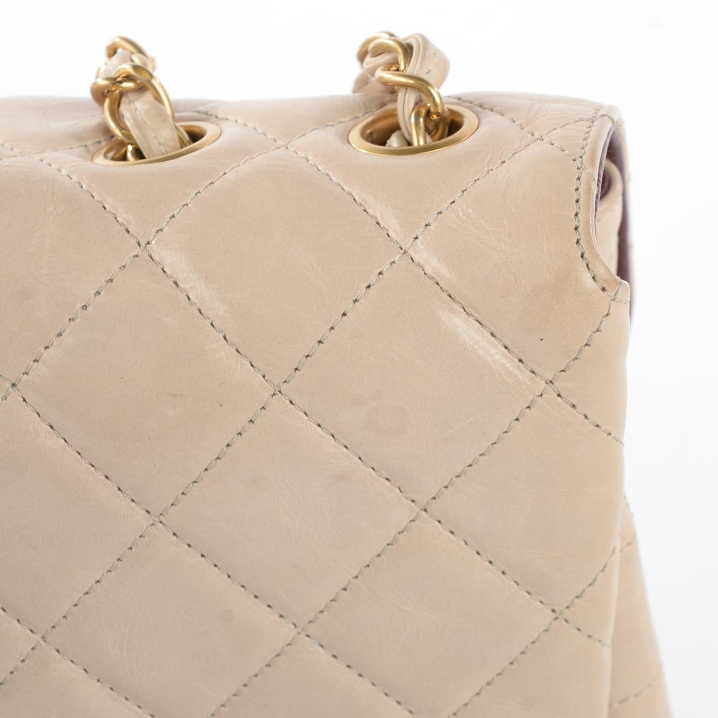 Glazed Calfskin Quilted Jumbo Clams Pocket Flap Beige
