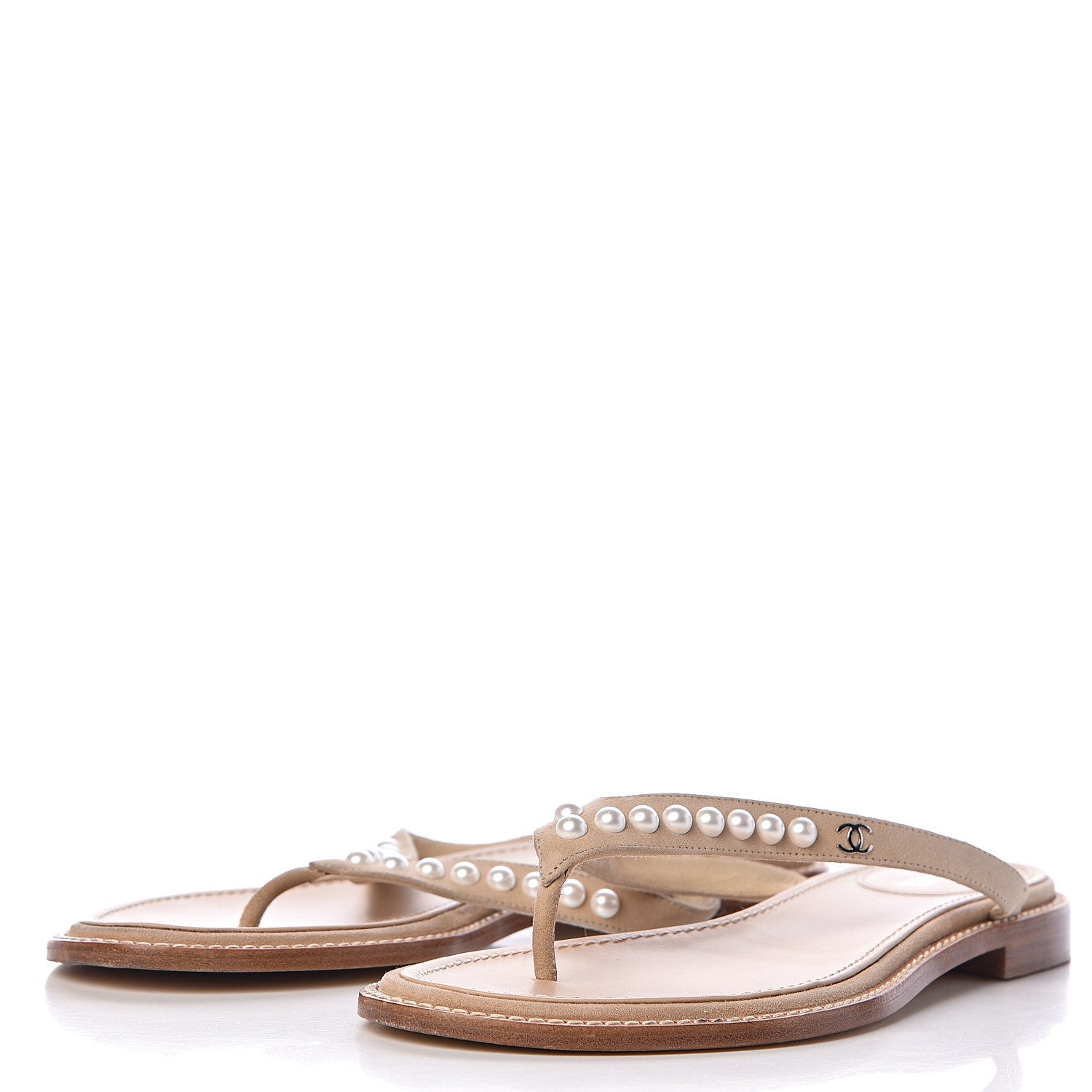 Chanel Suede Pearl Thong Sandals 39 Beige 3 of 19