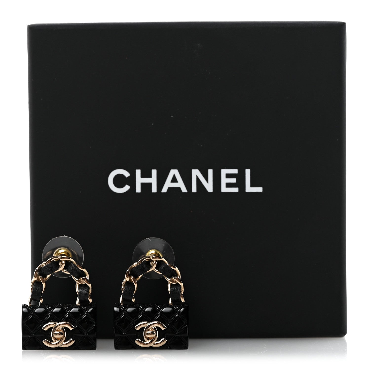 Chanel Metal Resin Lambskin Quilted CC Turnlock Chain Flap Bag Earrings Black Gold 4 of 4