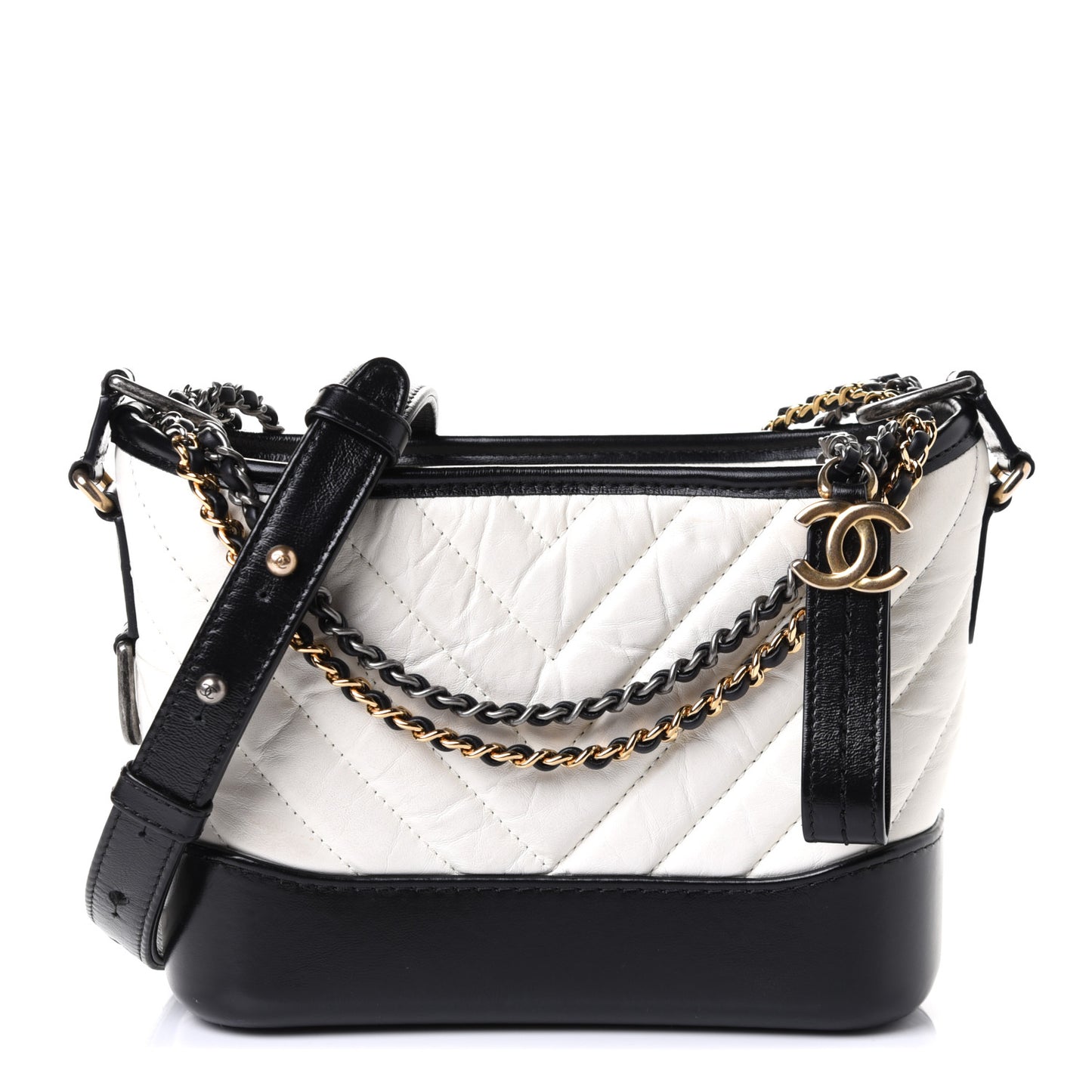 Aged Calfskin Chevron Quilted Small Gabrielle Hobo Black White