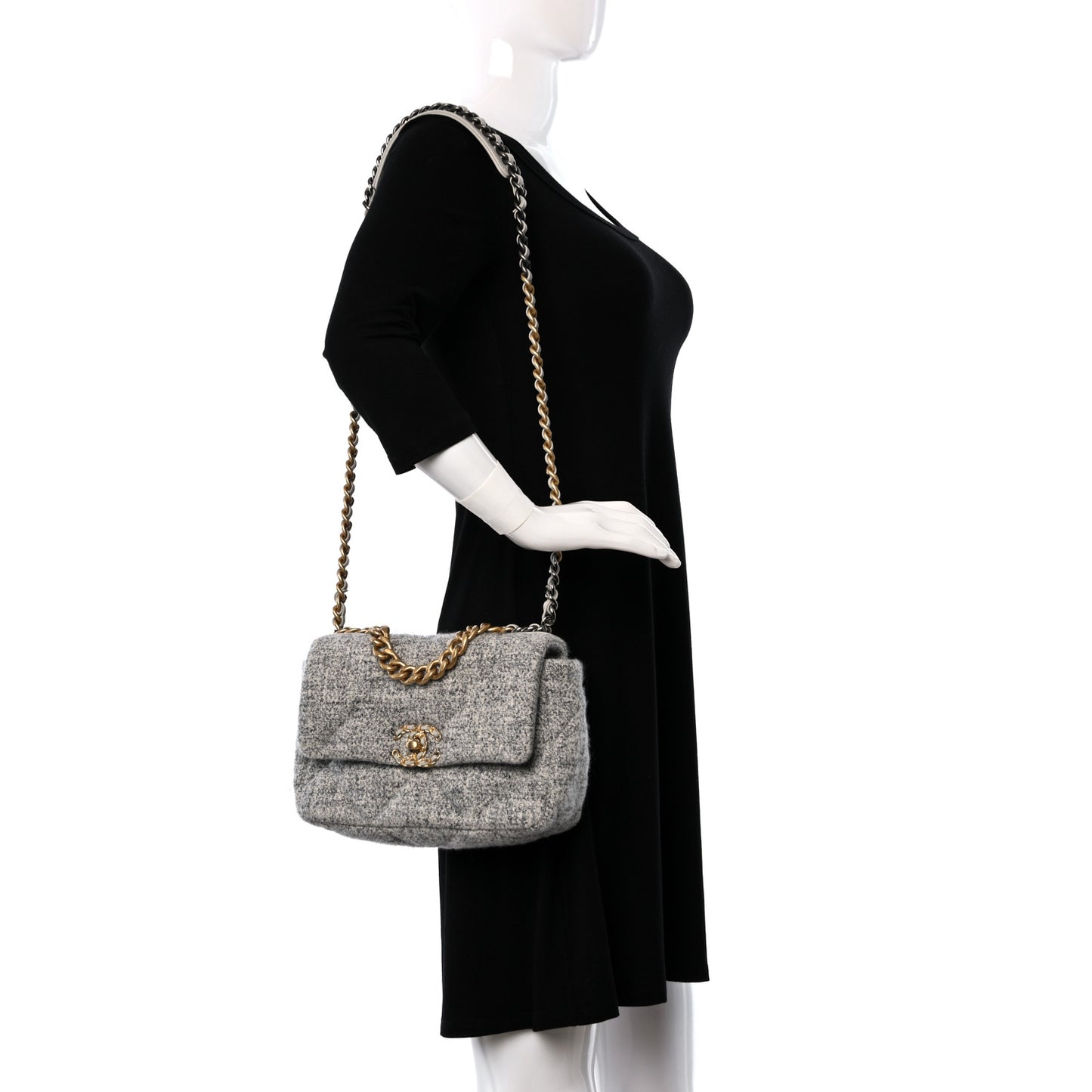 Tweed Quilted Medium Chanel 19 Flap Grey Ecru