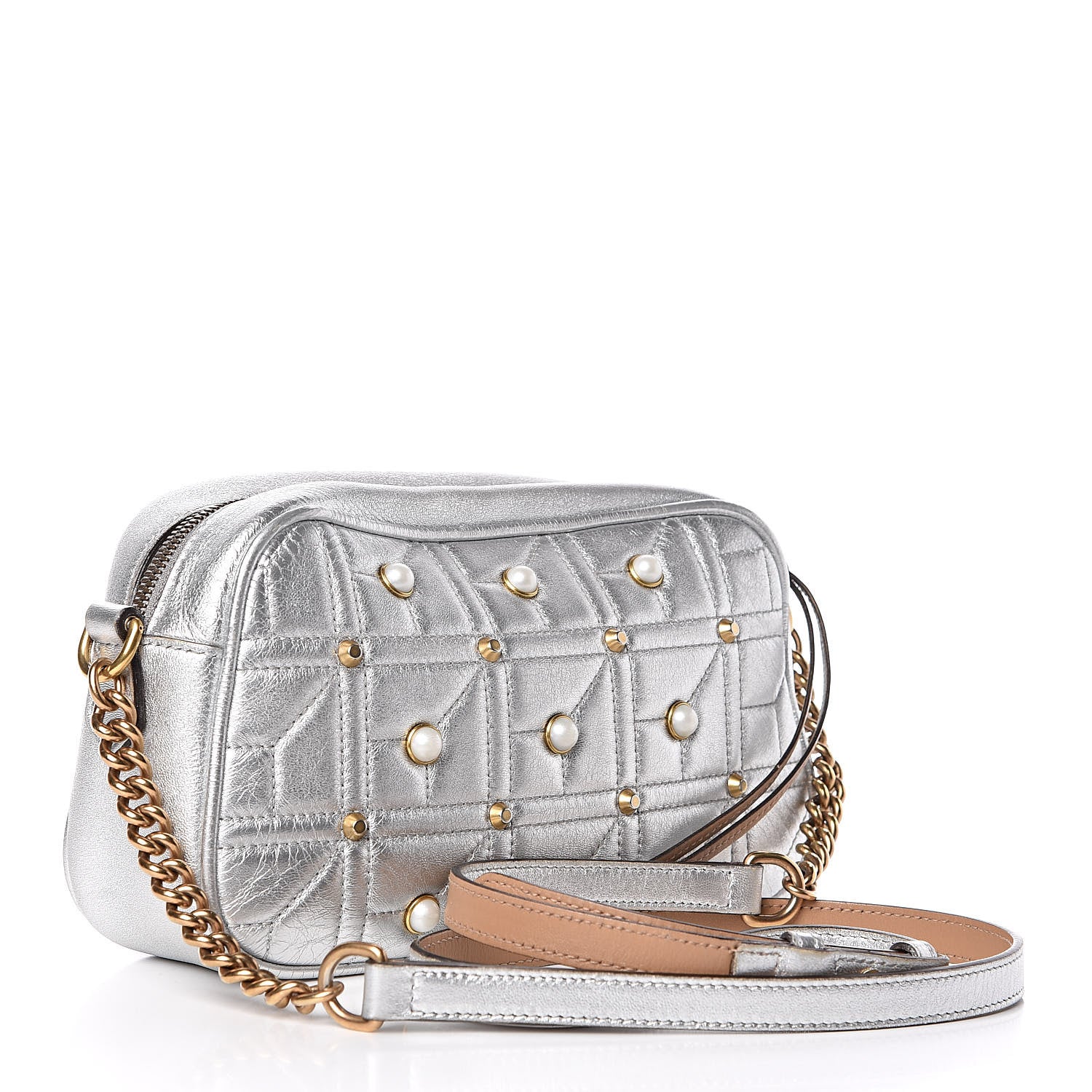 Gucci Metallic Calfskin Matelasse Studded Small Pearly GG Marmont Chain Shoulder Bag Silver 3 of 18