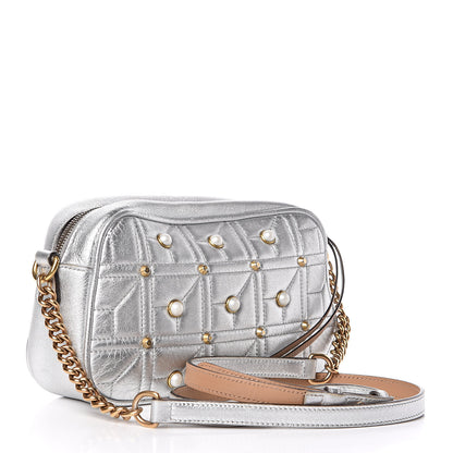 Gucci Metallic Calfskin Matelasse Studded Small Pearly GG Marmont Chain Shoulder Bag Silver 3 of 18