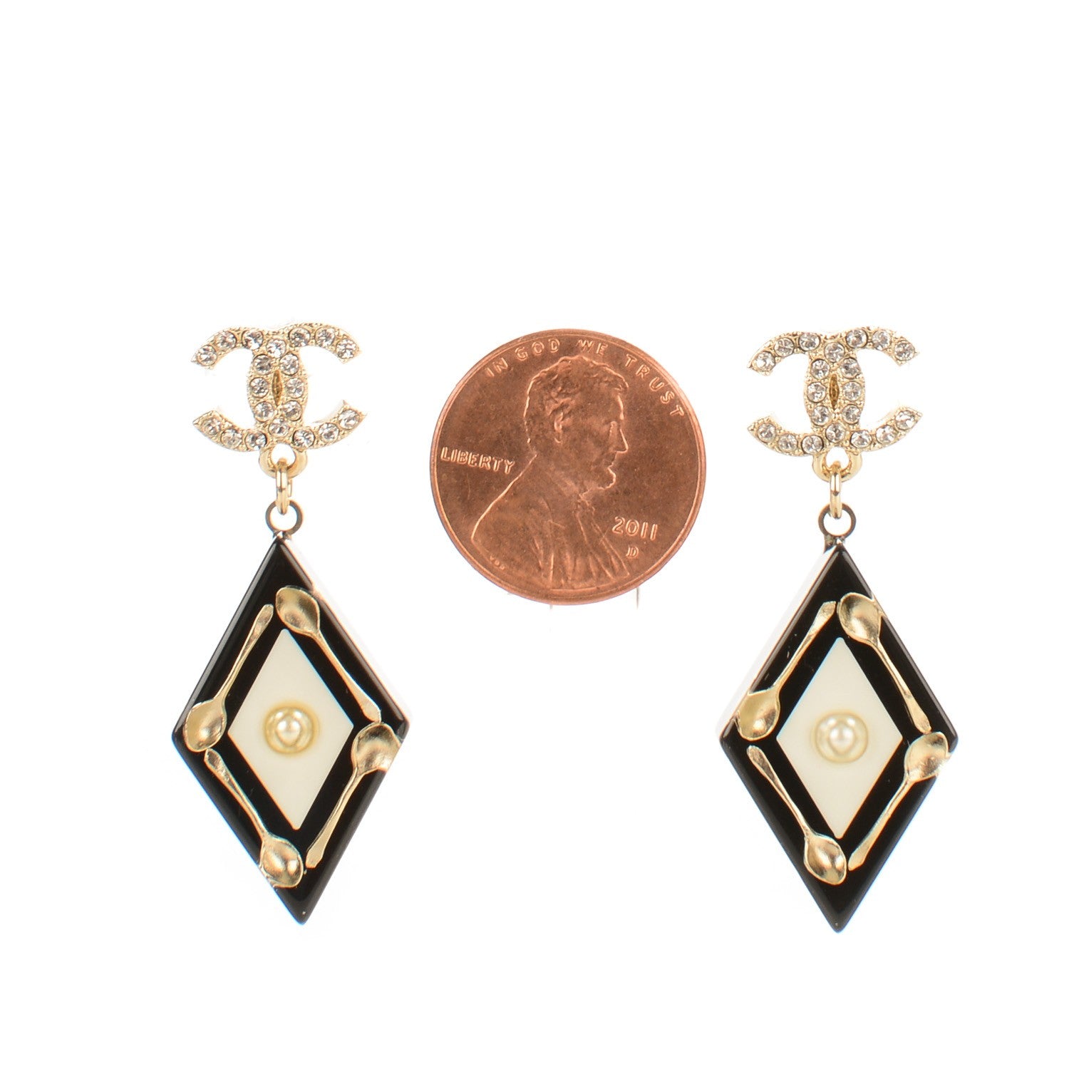 Chanel Crystal Resin Spoon Brasserie CC Drop Earrings Black White 2 of 5
