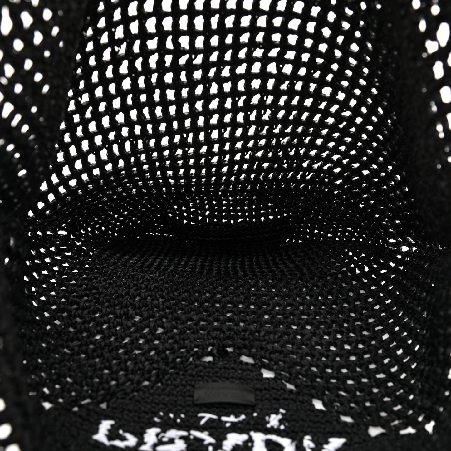Yarn Raffia Effect Crochet Logo Embroidered Shopping Tote Bag Black