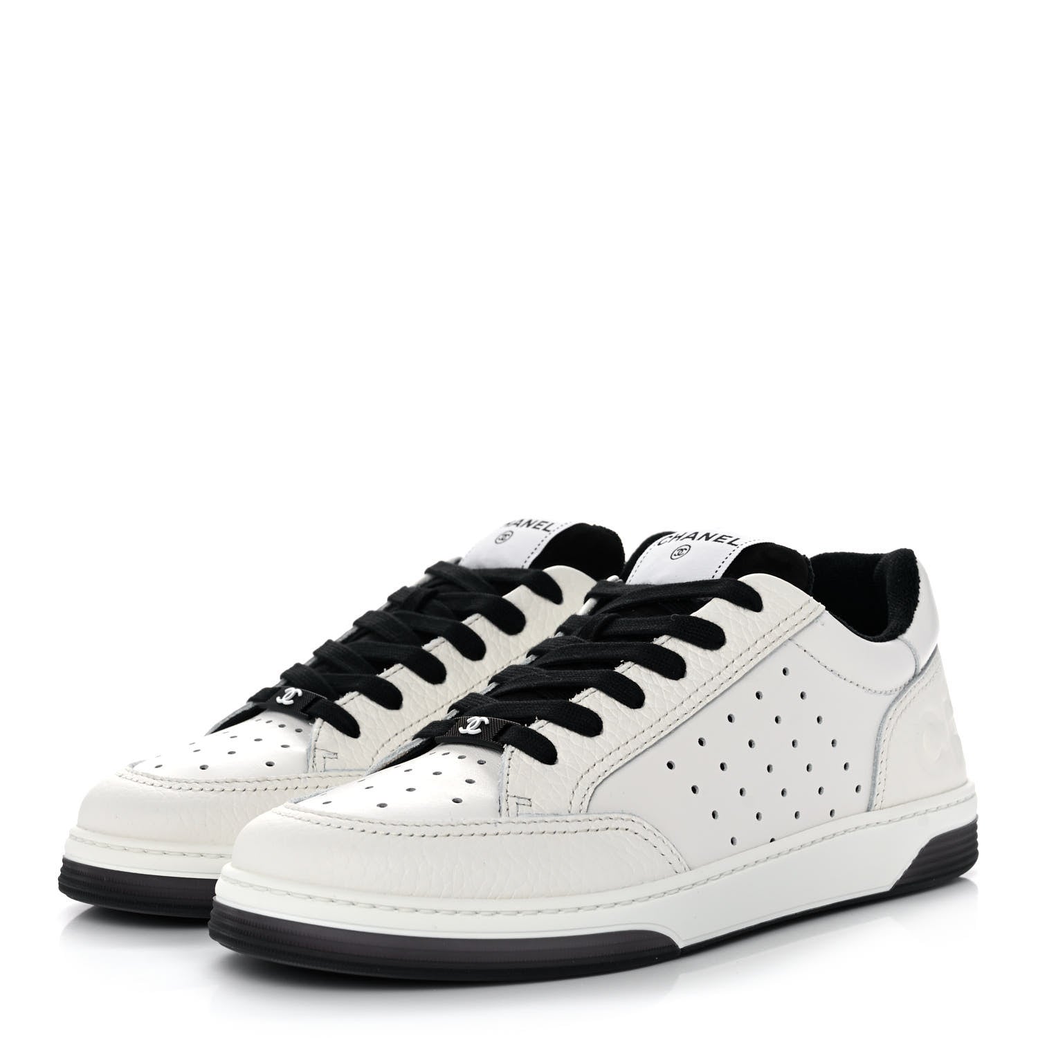 Chanel Grained Calfskin Fabric Womens Logo Sneakers 40.5 White Black 3 of 9