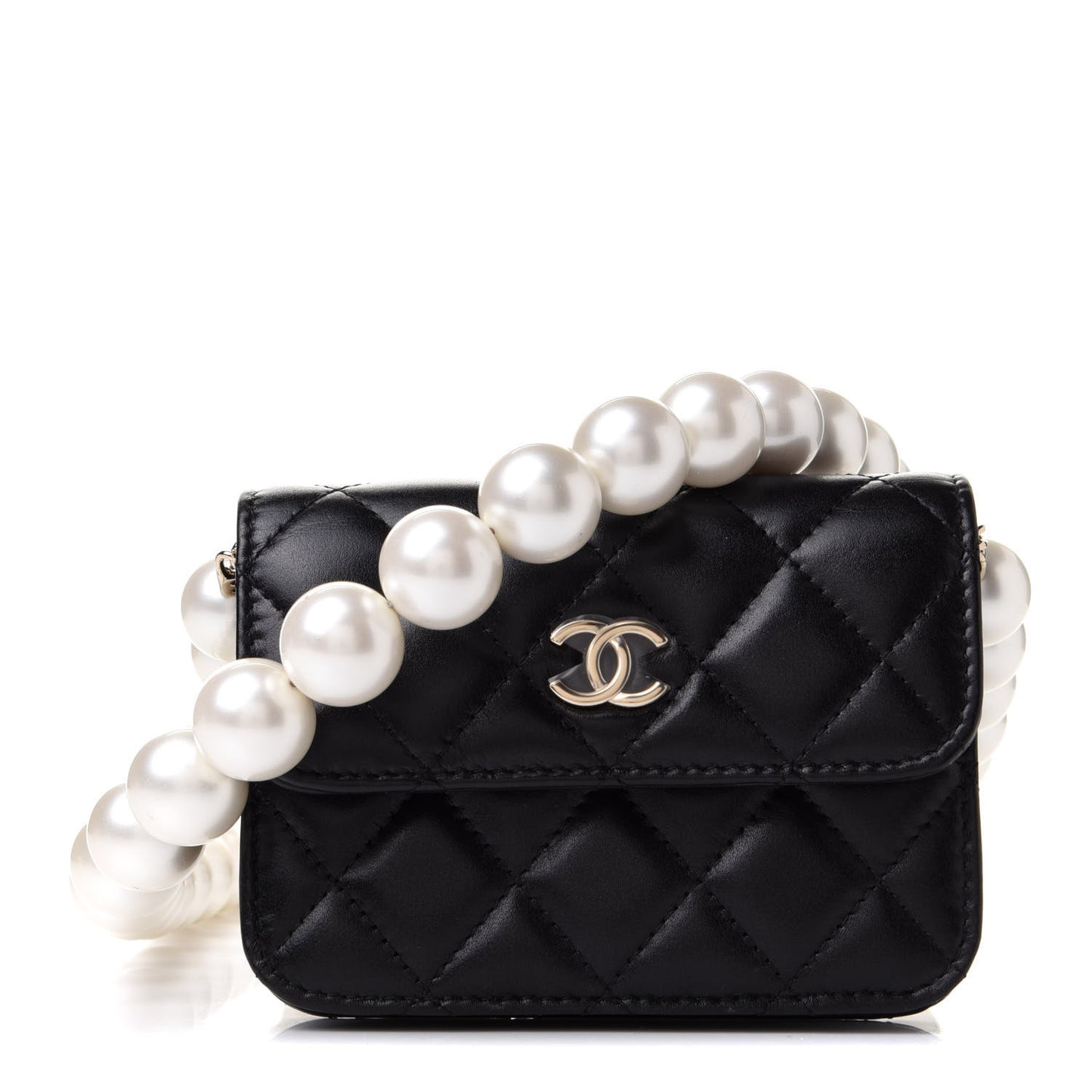 Calfskin Quilted Maxi Pearls Card Holder Flap With Chain Black
