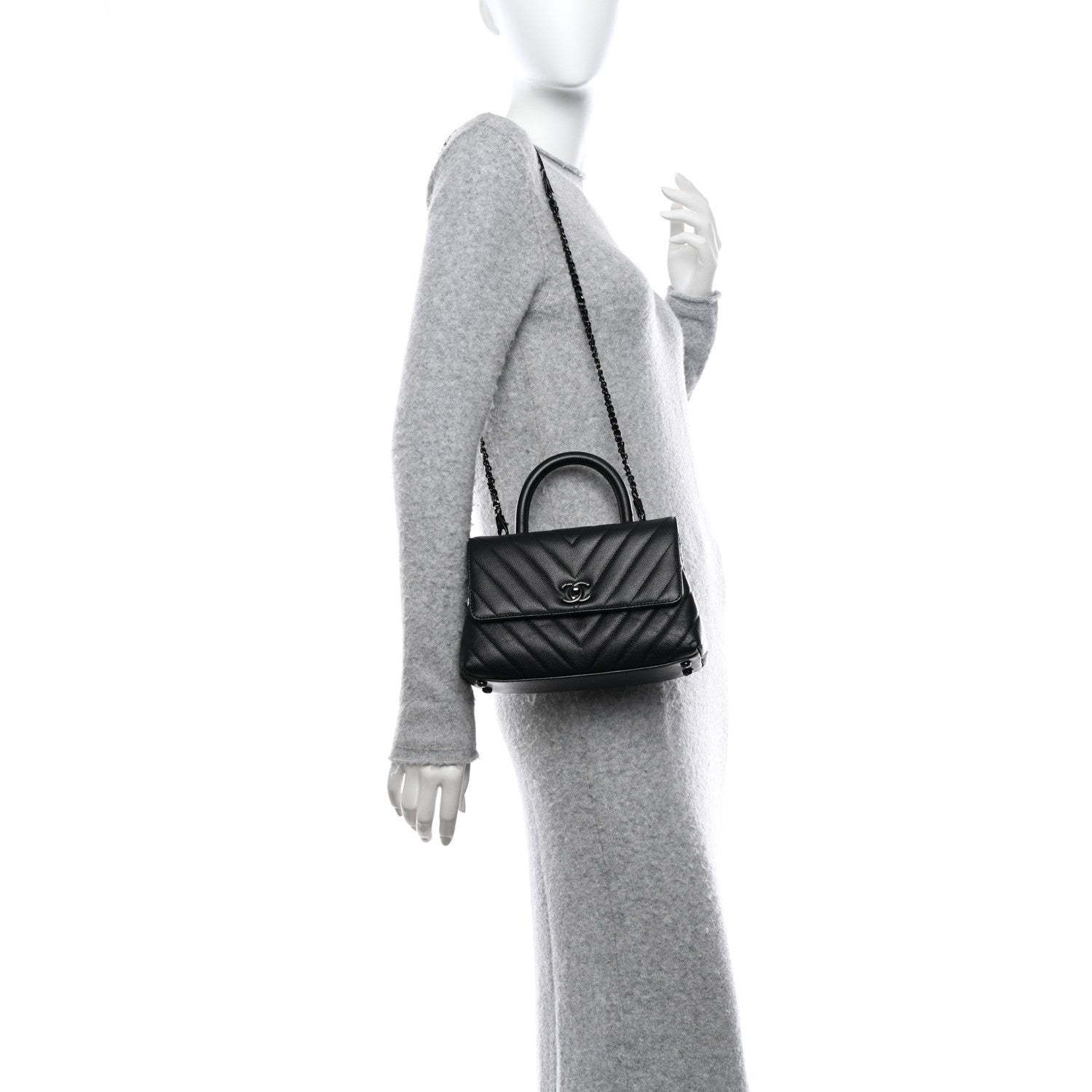 Chanel Caviar Chevron Quilted Mini Coco Handle Flap So Black 2 of 11