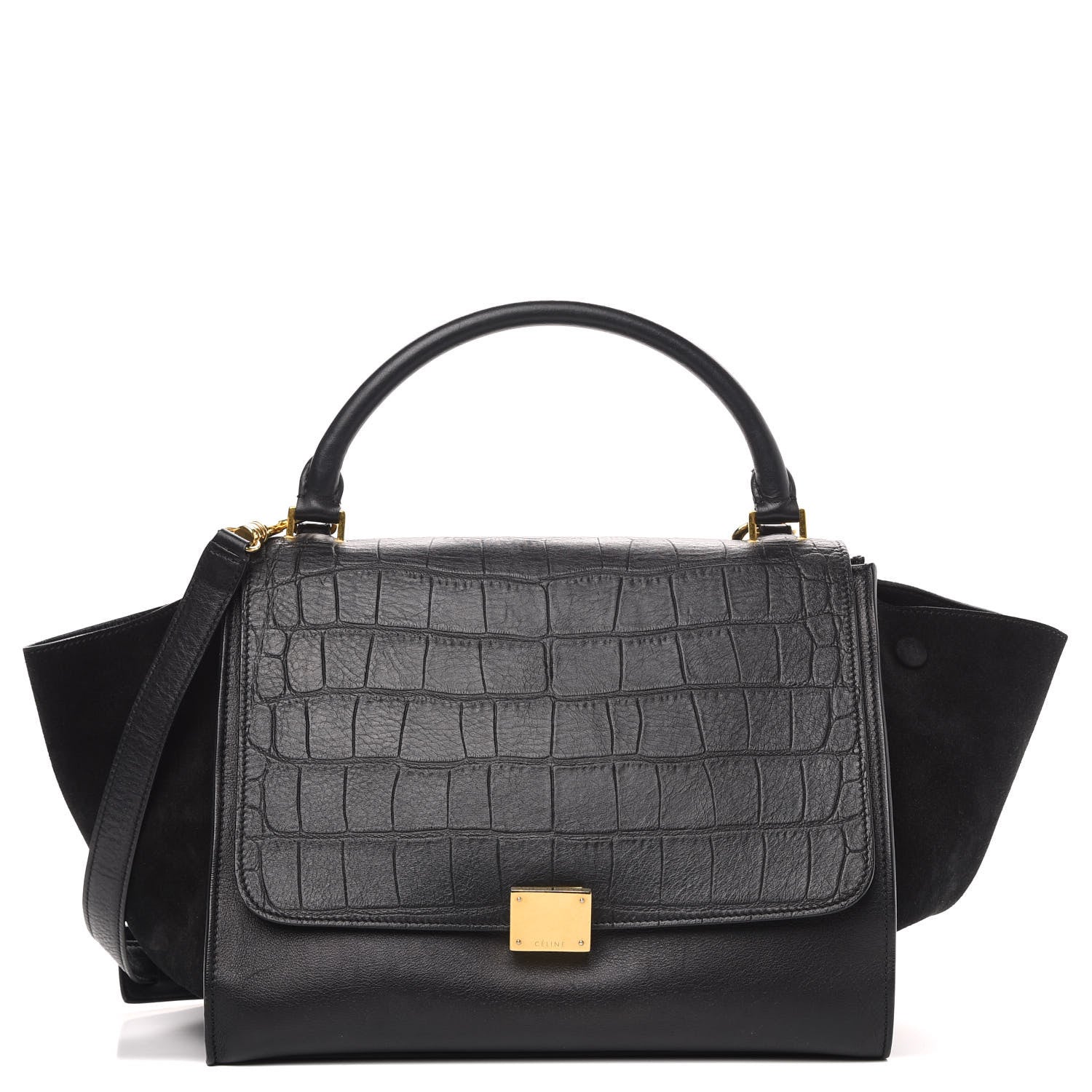 Celine Crocodile Embossed Calfskin Suede Medium Trapeze Black 1 of 15