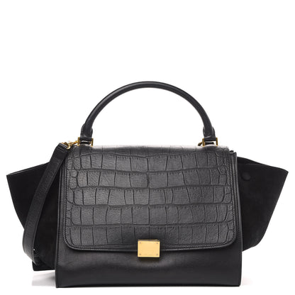 Celine Crocodile Embossed Calfskin Suede Medium Trapeze Black 1 of 15