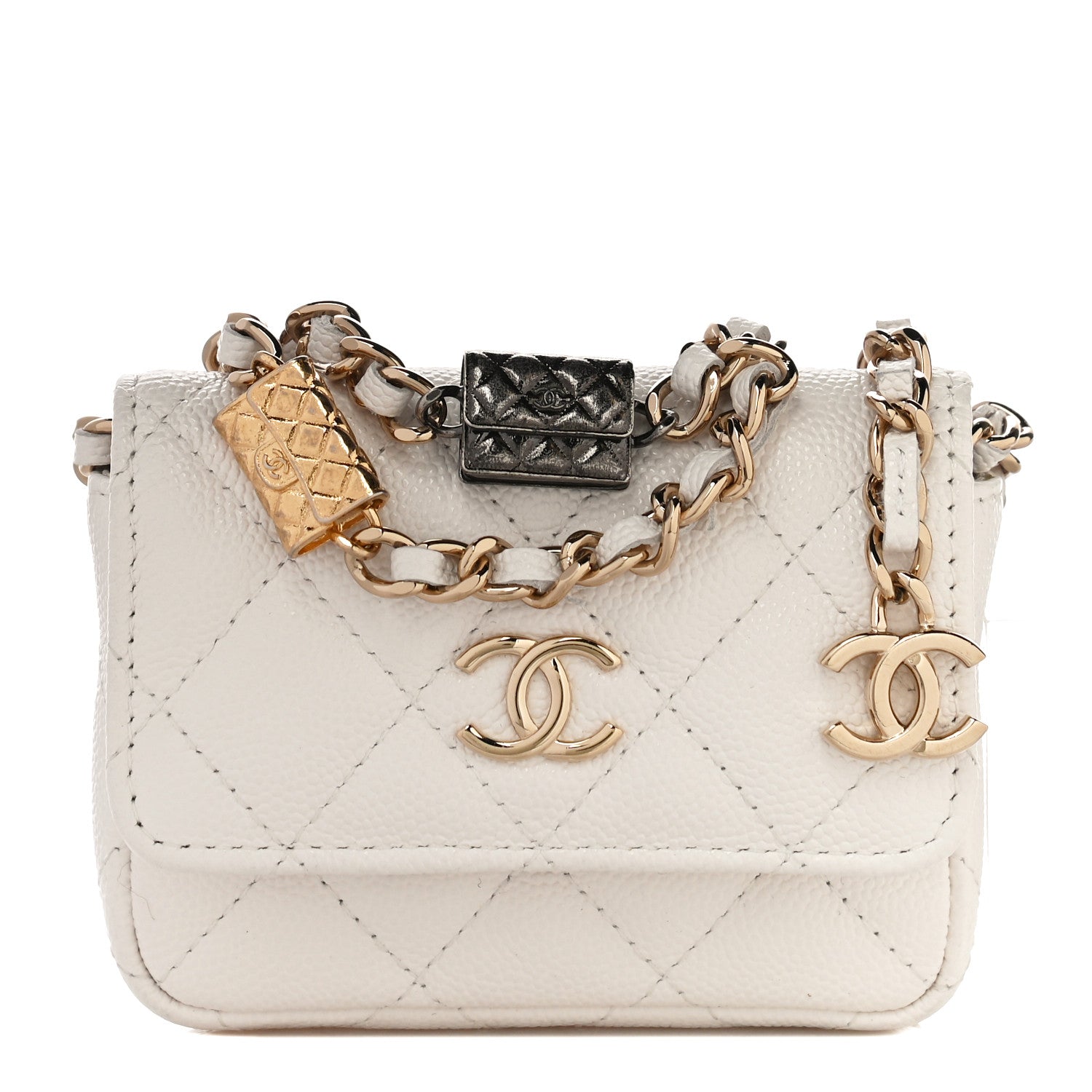 Chanel Caviar Quilted Belt Bag With Charms On Chain White 1 of 13