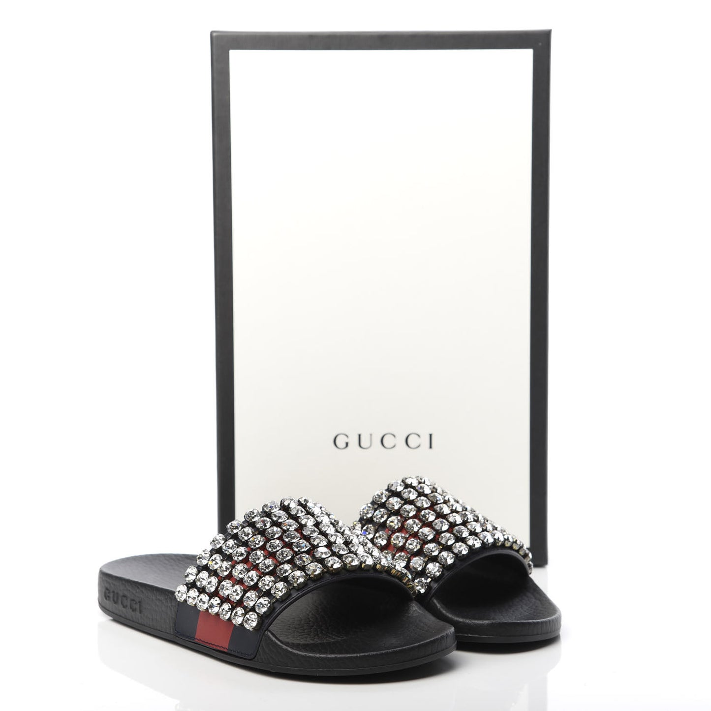 Calfskin Crystal Embellished Web Slide Sandals 35 Blue Red
