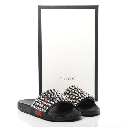 Gucci Calfskin Crystal Embellished Web Slide Sandals 35 Blue Red 8 of 8