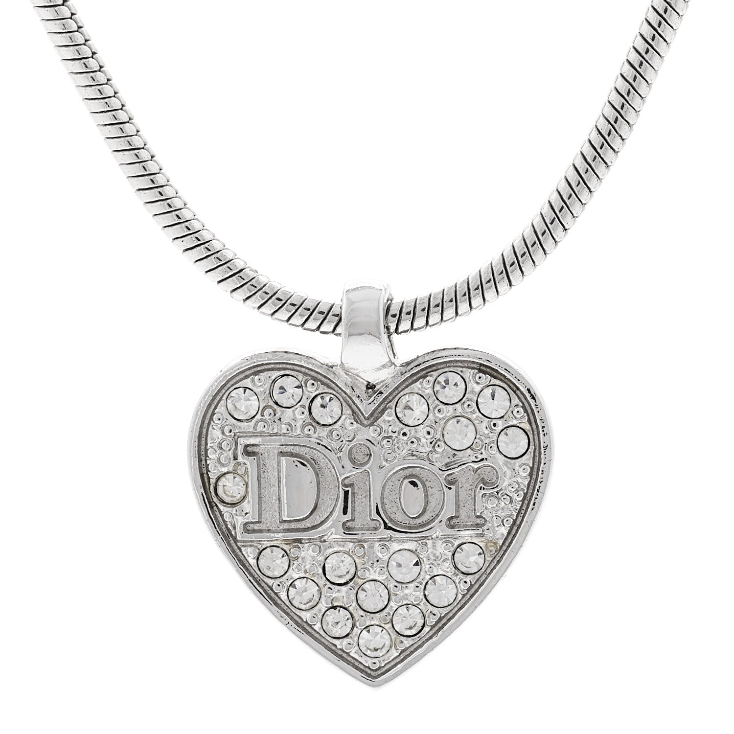 Christian Dior Metal Crystal Logo Heart Pendant Necklace Silver 4 of 5