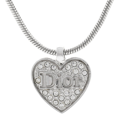 Christian Dior Metal Crystal Logo Heart Pendant Necklace Silver 4 of 5