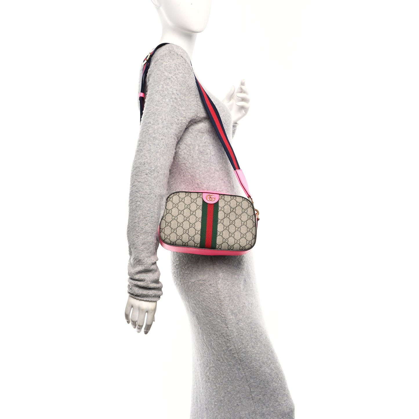 GG Supreme Monogram Textured Dollar Calfskin Web Ophidia Small Crossbody Bag Beige Ebony Fuchsia