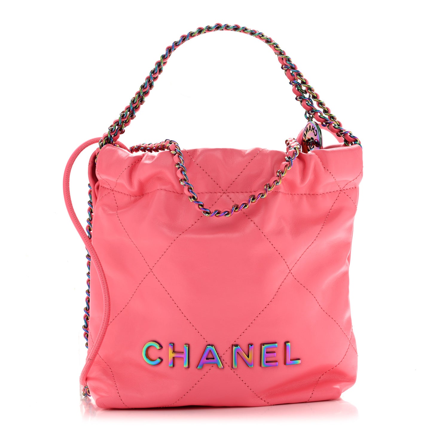 Shiny Calfskin Quilted Rainbow Metal Mini Chanel 22 Coral Pink