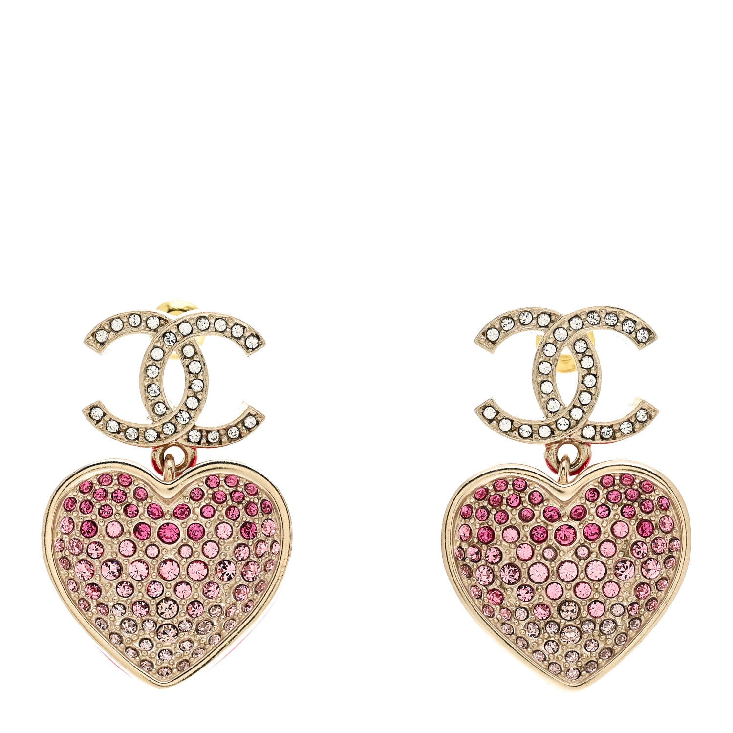 Chanel Crystal CC Resin Heart Drop Earrings Pink Gold 1 of 6
