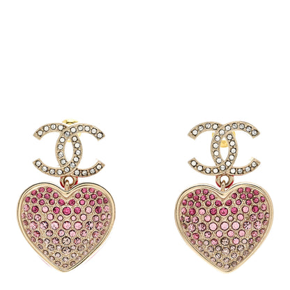 Chanel Crystal CC Resin Heart Drop Earrings Pink Gold 1 of 6
