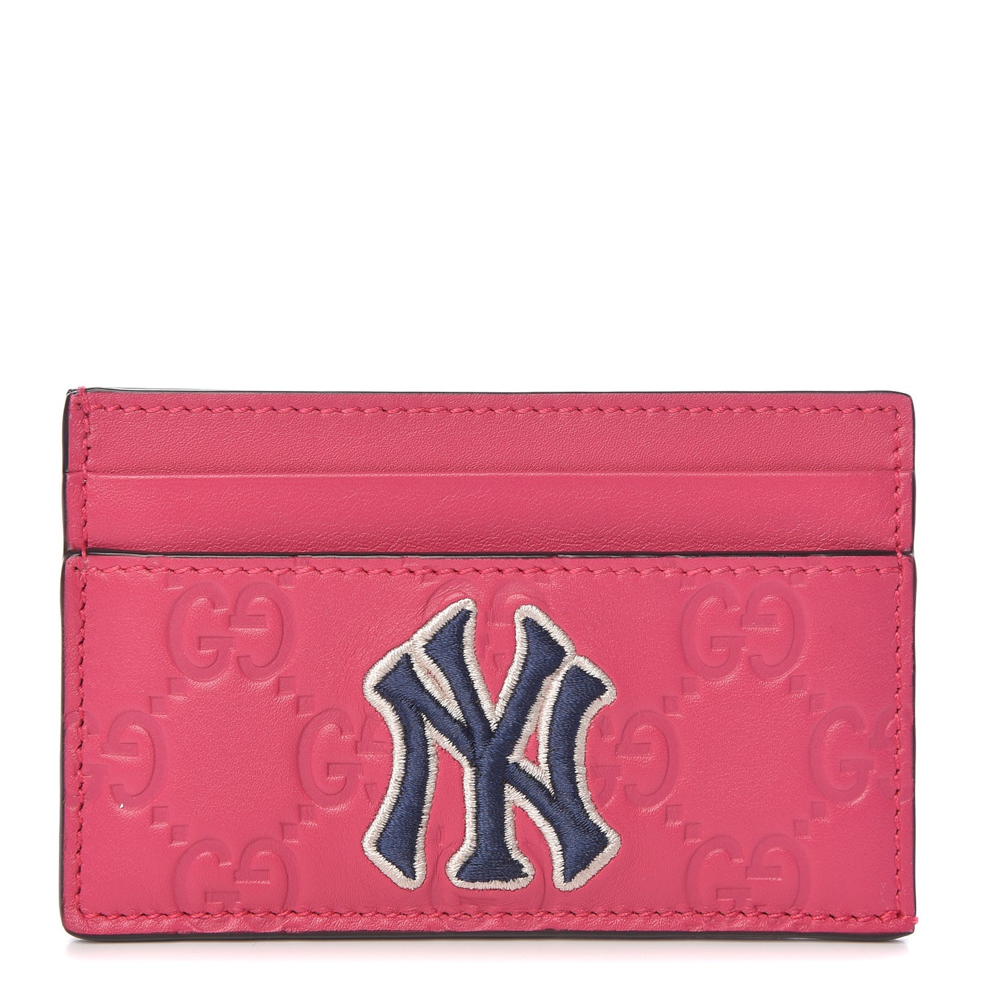 X MLB Guccissima Signature NY Yankees Embroidered Card Holder Box Pink Blue Ivory