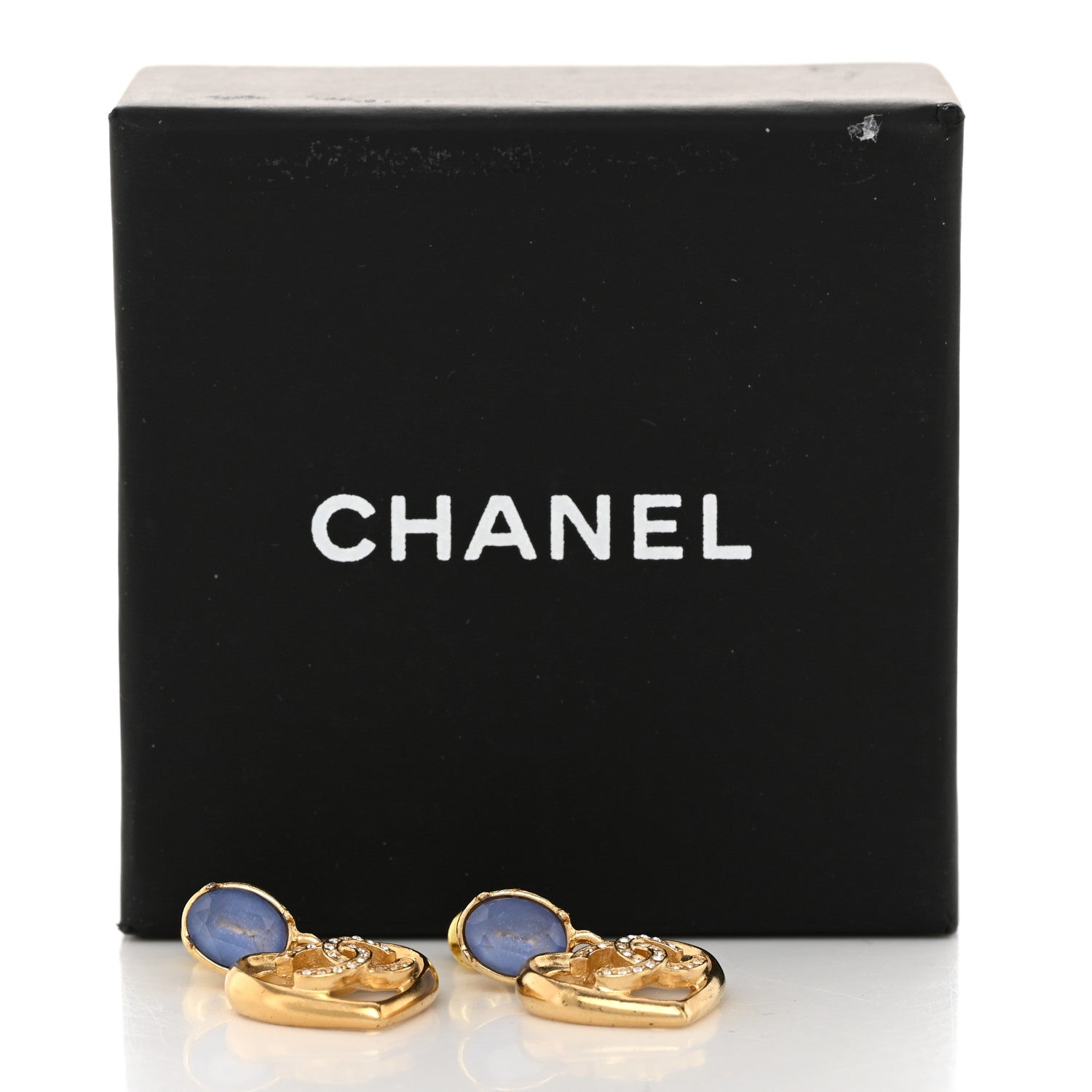 Chanel Metal Crystal CC Heart Drop Earrings Gold Blue 5 of 5