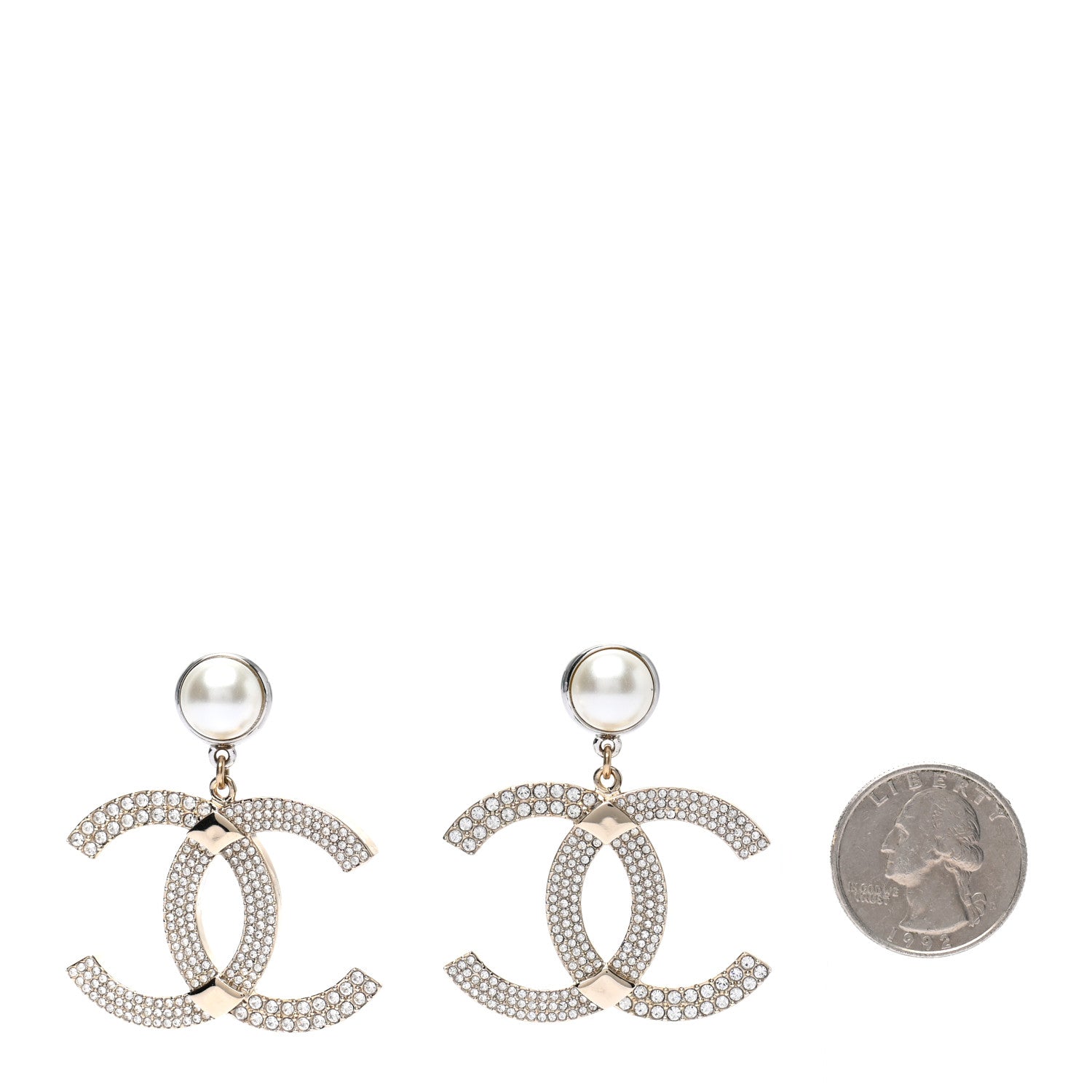 Chanel Crystal Pearl CC Drop Earrings Gold Silver 2 of 5