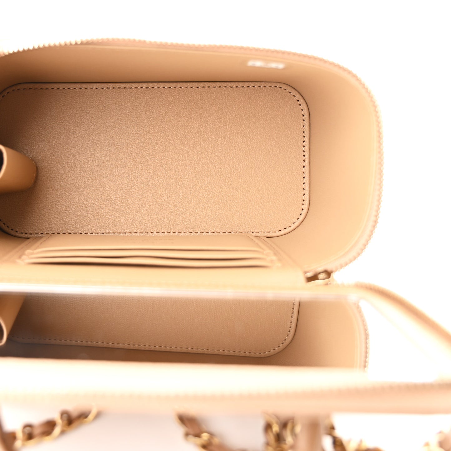 Lambskin Quilted Metal Small Top Handle Vanity Case With Chain Beige