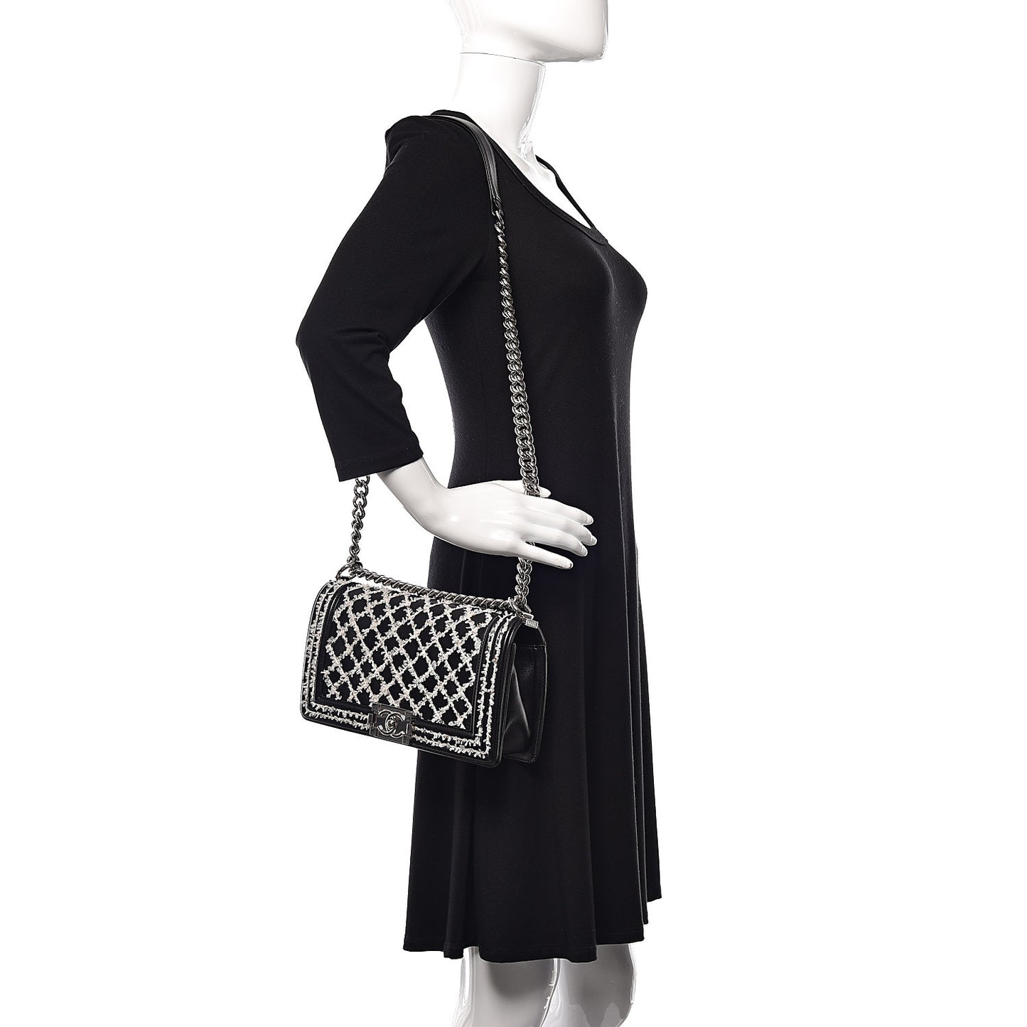 Calfskin Tweed Sequin Stitched Medium Boy Flap Black White
