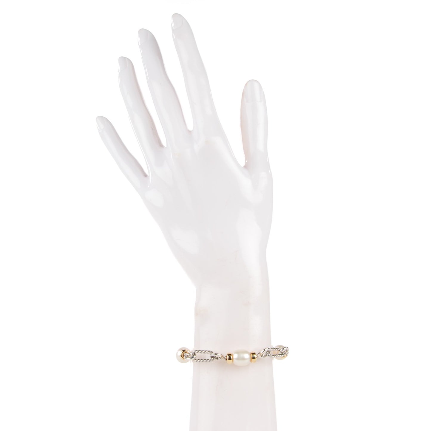 Sterling Silver 18K Yellow Gold Pearl Figaro Bracelet