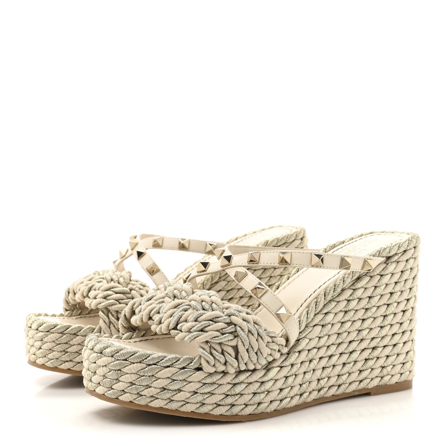 Calfskin Silk Rockstud Torchon Espadrille Wedge 25/95mm Slide Sandals 37 Light Ivory